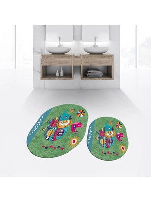 Mikasso Dijital Baskılı Kaymaz Taban Yıkanabilir Oval Ikili Banyo Paspas Klozet Takımı, V-O-Klozet-31-Yeşil,