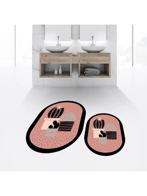 Mikasso Dijital Baskılı Kaymaz Taban Yıkanabilir Oval Ikili Banyo Paspas Klozet Takımı, V-O-Klozet-22-Pembe,