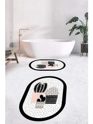 Mikasso Dijital Yıkanabilir Kaymaz Kaktüs Çiçek Desen Ikili Oval Banyo Halısı Klozet Takımı Polipropilen Bey