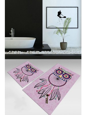 Mikasso Dijital Baskılı Kaymaz Yıkanabilir Baykuş Desen Ikili Banyo Takımı Klozet Takımı Polyester Pembe