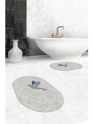 Mikasso Dijital Yıkanabilir Kaymaz Modern Kuş Desen Ikili Banyo Halısı Paspas Oval Klozet Takımı Polipropile