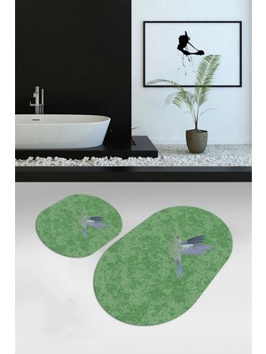 Mikasso Dijital Baskılı Kaymaz Yıkanabilir Kuş Desen Oval Banyo Takımı Klozet Takımı, N-O-Klozet-36-Yeşil, P