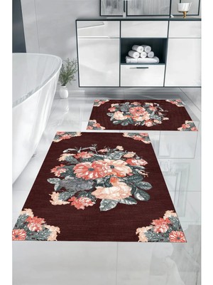Mikasso Dijital Baskılı Yıkanabilir Kaymaz Taban Çiçek Detaylı Banyo Paspası Klozet Takımı Polyester Bordo