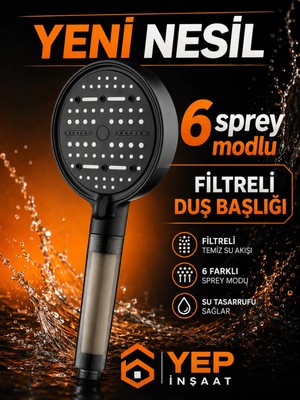 Mikasso Filtreli Duş Başlığı | 6 Modlu, Su Tasarruflu, Yüksek Basınçlı