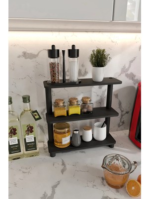 Mikasso Dekoratif 3 Katlı Tezgah Üstü Raf 11 cm x 40 cm Siyah Mdf Siyah