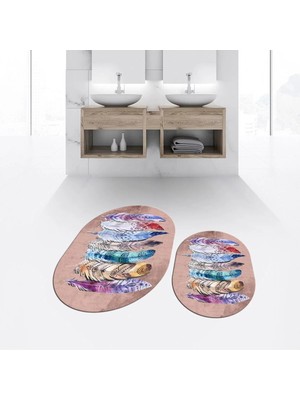 Mikasso Dijital Baskılı Kaymaz Taban Yıkanabilir Oval Ikili Banyo Paspas Klozet Takımı, V-O-Klozet-25-Kahve,