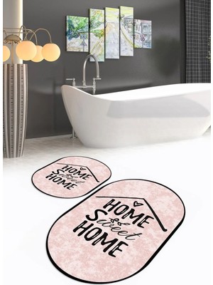Mikasso Dijital Baskılı Kaymaz Yıkanabilir Home Oval Banyo Takımı Klozet Takımı Polyester Pembe