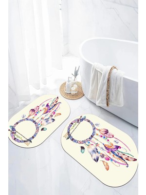 Mikasso Dijital Kaymaz Taban Yıkanabilir Renkli Kuş Tüy Model Oval Banyo Paspası Klozet Takımı Polyester Çok