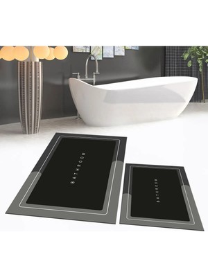 Mikasso Dijital Baskılı Kaymaz Taban Yıkanabilir Ikili Banyo Paspas Klozet Takımı, V-Klozet-01-Siyah, Polyes