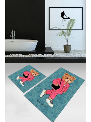 Mikasso Dijital Baskılı Kaymaz Taban Yıkanabilir Ikili Banyo Takımı Klozet Takımı Polyester Mavi