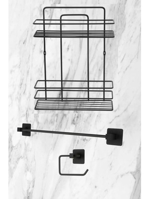 Mikasso Siyah 3lü Yapışkanlı Banyo Seti Havluluk Tuvalet Kağıtlığı Banyo Düzenleyici Yapışkanlı Set Metal Si