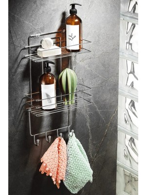 Mikasso 2 Katlı Krom Kancalı Banyo Duş Rafı, Şampuanlık, Lif/kese Askılı, Paslanmaz Metal, Banyo Düzenleyici