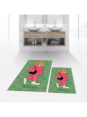 Mikasso Dijital Baskılı Kaymaz Taban Yıkanabilir Ikili Banyo Paspas Klozet Takımı, V-Klozet-34-Yeşil, Polyes