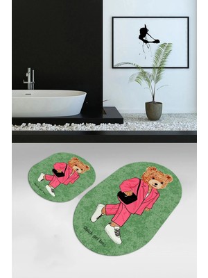 Mikasso Dijital Baskılı Kaymaz Taban Yıkanabilir Oval Banyo Takımı Klozet Takımı Polyester Yeşil