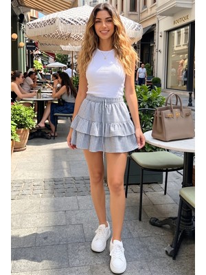 Weshaya Kadın Mavi Pötikare Desenli Kat Kat Fırfırlı Şort Etek Beli Lastikli %100 Pamuk Mini Etek