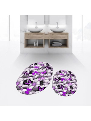 Mikasso Dijital Baskılı Kaymaz Taban Yıkanabilir Oval Ikili Banyo Paspas Klozet Takımı, V-O-Klozet-44-Mor, P