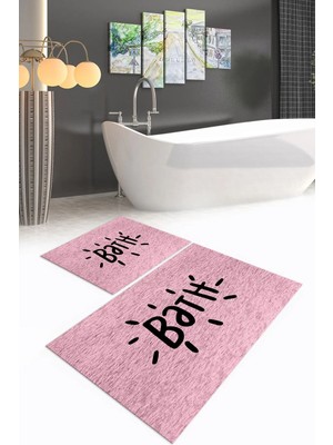Mikasso Dijital Baskılı Kaymaz Yıkanabilir Bath Ikili Banyo Takımı Klozet Takımı Polyester Pembe