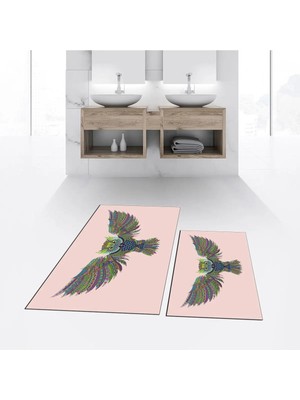 Mikasso Dijital Baskılı Kaymaz Taban Yıkanabilir Ikili Banyo Paspas Klozet Takımı, V-Klozet-37-Pembe, Polyes