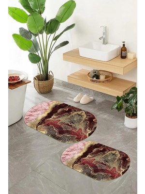 Mikasso Dijital Kaymaz Taban Yıkanabilir Mermer Desen Oval Banyo Paspası 2'li Klozet Takımı Polyester Çok Re