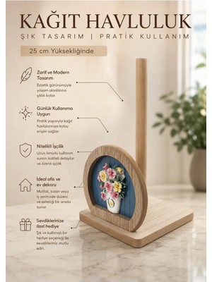 Mikasso Ahşap Kağıt Havluluk Dekoratif Mutfak Tezgah Üstü Vazo Çiçek Figürlü Havlu Tutucu 25 cm Stand Çok Re