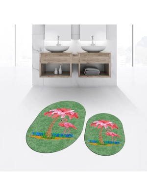Mikasso Dijital Baskılı Kaymaz Taban Yıkanabilir Oval Ikili Banyo Paspas Klozet Takımı, V-O-Klozet-30-Yeşil,