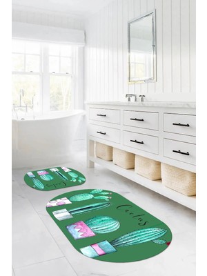 Mikasso Dijital Baskılı Yıkanabilir Kaymaz Taban Kaktüs Model Oval Banyo Paspası Klozet Takımı Polyester Yeş