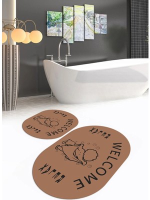 Mikasso Dijital Baskılı Kaymaz Yıkanabilir Welcome Oval Banyo Takımı Klozet Takımı Polyester Kahverengi
