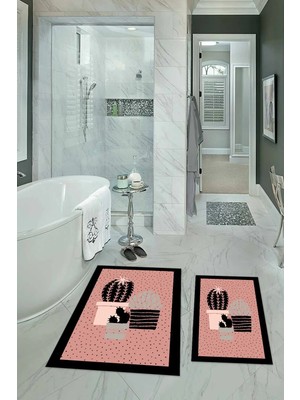 Mikasso Dijital Baskılı Kaymaz Yıkanabilir Kaktüs Ikili Banyo Takımı Klozet Takımı Polyester Pembe