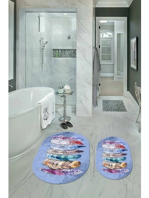 Mikasso Dijital Baskılı Kaymaz Yıkanabilir Yaprak Oval Banyo Takımı Klozet Takımı Polyester Mavi