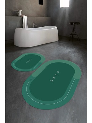 Mikasso Dijital Baskılı Kaymaz Yıkanabilir Home Oval Banyo Takımı Klozet Takımı Polyester Yeşil