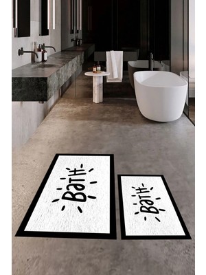 Mikasso Baskılı Yıkanabilir Kaymaz Çerçeveli Bath Yazılı Ikili Banyo Halısı Paspas Klozet Takımı Polyester B