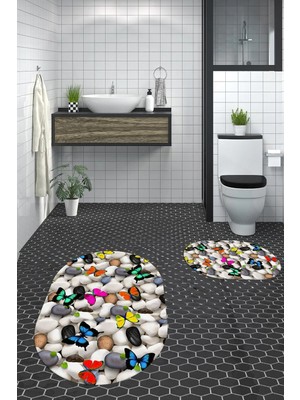 Mikasso 3D Dijital Yıkanabilir Kaymaz Kelebek Desen Ikili Banyo Halısı Paspas Oval Klozet Takımı Polipropile