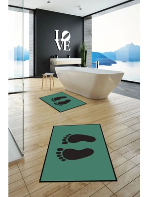 Mikasso Baskılı Yıkanabilir Kaymaz Sade Ayak Izi Desenli Ikili Banyo Halısı Klozet Takımı Polyester Yeşil