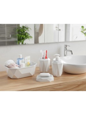 Mikasso Geometrik Tasarımlı 4’lü Banyo Seti Sabunluk Diş Fırçalık, Sıvı Sabunluk Sepetlik Plastik Beyaz