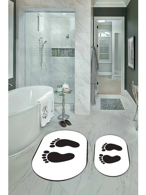 Mikasso Dijital Baskılı Kaymaz Yıkanabilir Ayak Desen Oval Banyo Takımı Klozet Takımı Polyester Beyaz