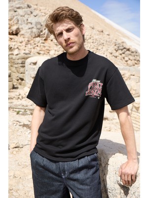 Grimelange Dukı Erkek Bisiklet Yaka Organik Pamuklu Baskılı Oversıze Siyah T-Shirt