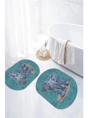 Mikasso Dijital Kaymaz Taban Yıkanabilir Fil Desenli Oval Banyo Paspası Klozet Takımı Polyester Çok Renkli