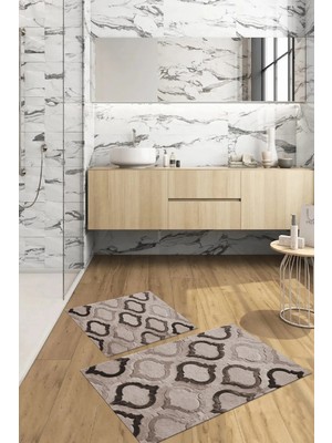 Mikasso Dijital Baskılı Yıkanabilir Kaymaz Taban Kupa Modelli Banyo Paspası Klozet Takımı Polyester Kahveren