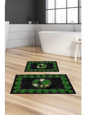 Mikasso Dijital Baskılı Kaymaz Taban Yıkanabilir Banyo Paspası 2'li Klozet Takımı Halısı Polyester Yeşil
