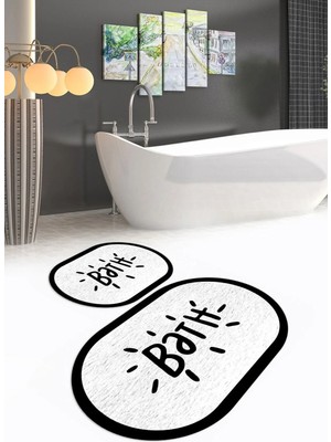 Mikasso Dijital Baskılı Kaymaz Yıkanabilir Bath Oval Banyo Takımı Klozet Takımı Polyester Beyaz