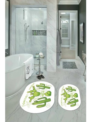 Mikasso Dijital Baskılı Kaymaz Yıkanabilir Kaktüs Oval Banyo Takımı Klozet Takımı Polyester Beyaz