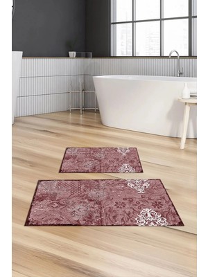 Mikasso Dijital Baskılı Kaymaz Taban Yıkanabilir Banyo Paspası 2'li Klozet Takımı Halısı Polyester Bordo