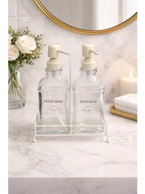 Mikasso Metal Stantlı 2 x 500 ml Cam Sıvı Sabunluk Deterjanlık Seti Metal Tutacak Şık Tasarım Cam Krem