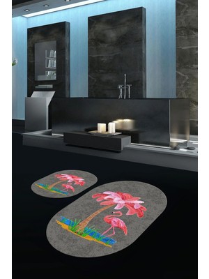 Mikasso Dijital Baskılı Kaymaz Taban Yıkanabilir Oval Banyo Takımı Klozet Takımı Polyester Gri