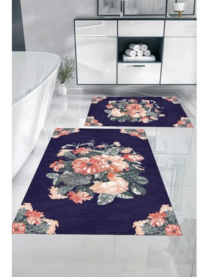 Mikasso Dijital Baskılı Yıkanabilir Kaymaz Taban Çiçek Detaylı Banyo Paspası Klozet Takımı Polyester Mor