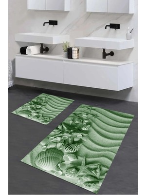 Mikasso Dijital Baskılı 3D Kaymaz Yıkanabilir Banyo Paspası 2'li Klozet Takımı Halısı Polyester Yeşil