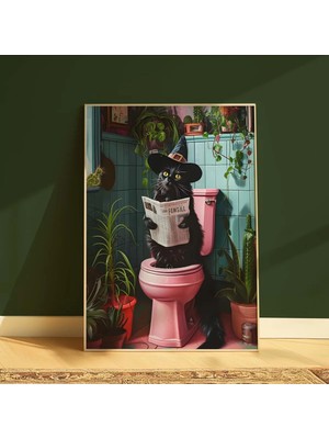 Mikasso Tuvalette Oturan Cadı Kedi Posteri, Witch Cat Çerçevesiz Poster Kağıt Çok Renkli Çerçevesiz