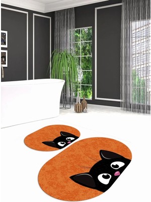 Mikasso Dijital Kaymaz Yıkanabilir Kedi Desen Oval Banyo Takımı Klozet Takımı, N-O-Klozet-40-Turuncu, Polyes