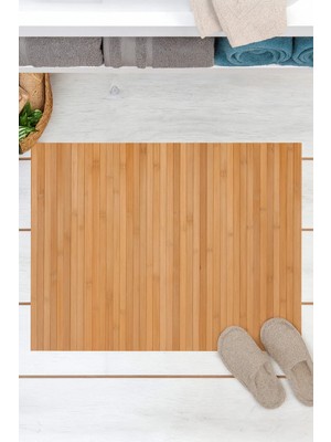 Mikasso Doğal Bambu Banyo Paspası Ahşap Görünümlü Kaymaz Tabanlı Suya Dayanıklı Duş Matı Kauçuk Bej