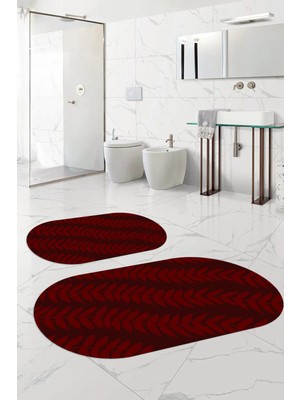 Mikasso Dijital Baskılı Yıkanabilir Kaymaz Taban Yaprak Desenli Oval Banyo Paspası Klozet Takımı Polyester B